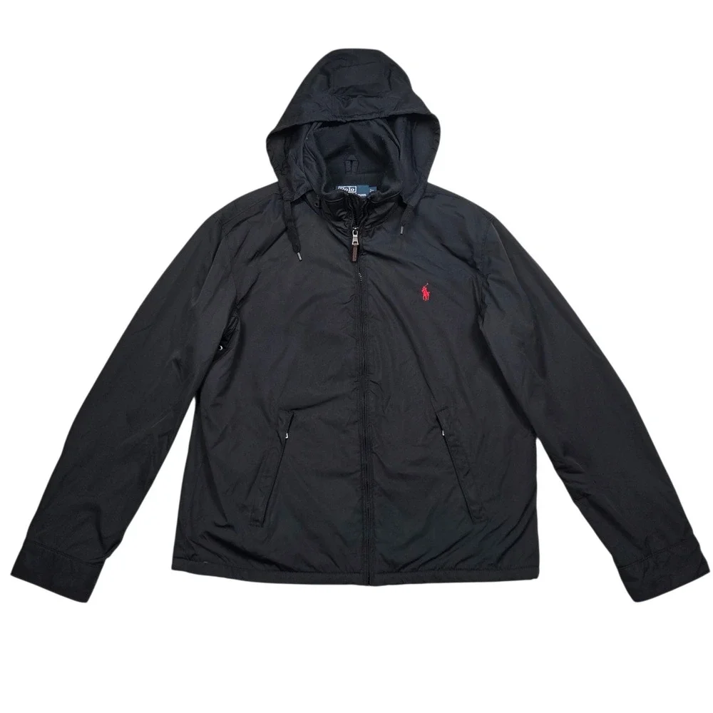 Vtg Polo‎ Ralph Lauren Jacket Fleece Lined Mens Large Black Removeable Hooded